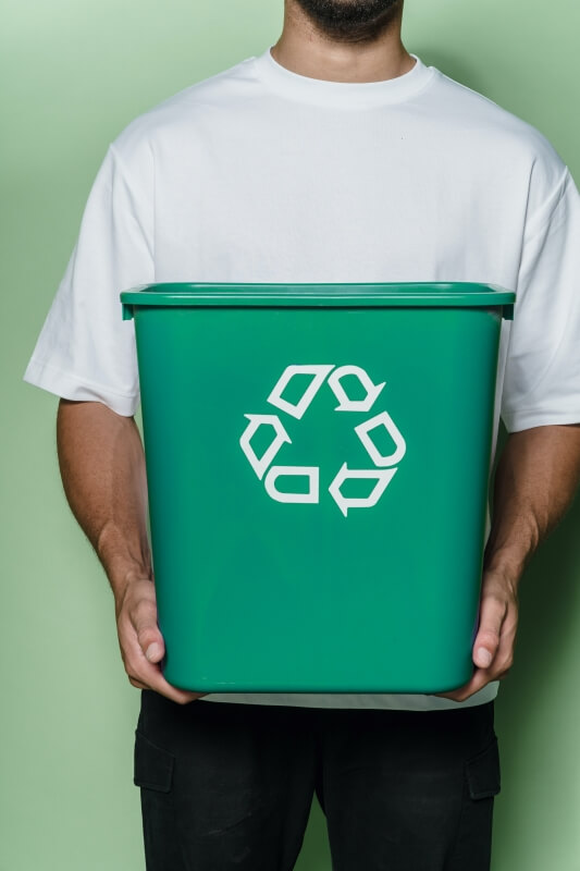 Man holding a green recycling box in front of his torso